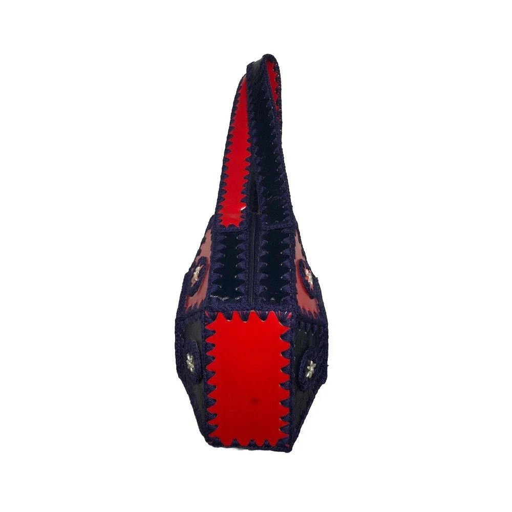 Vtg‎ 1970s Boho Purse Crochet Hexagon Patchwork Leather Handbag Hippie Red Blue